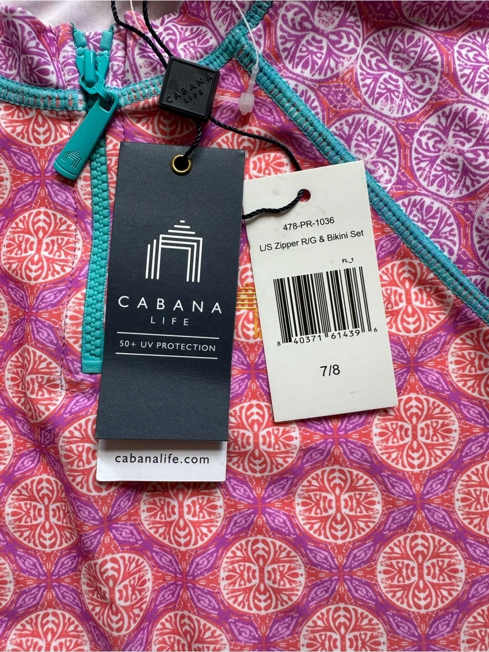 NWT Cabana Life Pink & Purple Girls' Long-Sleeve Rashguard Three-Piece Bikini